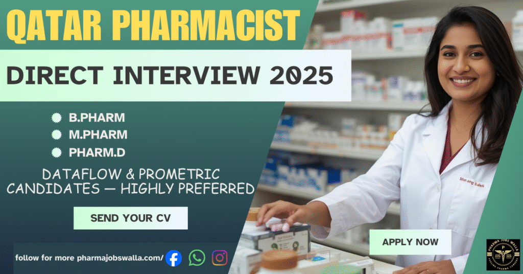 Banner for Qatar Pharmacist Vacancy Direct Interview 2025 – Apply for pharmacist jobs in Qatar with direct interview opportunity